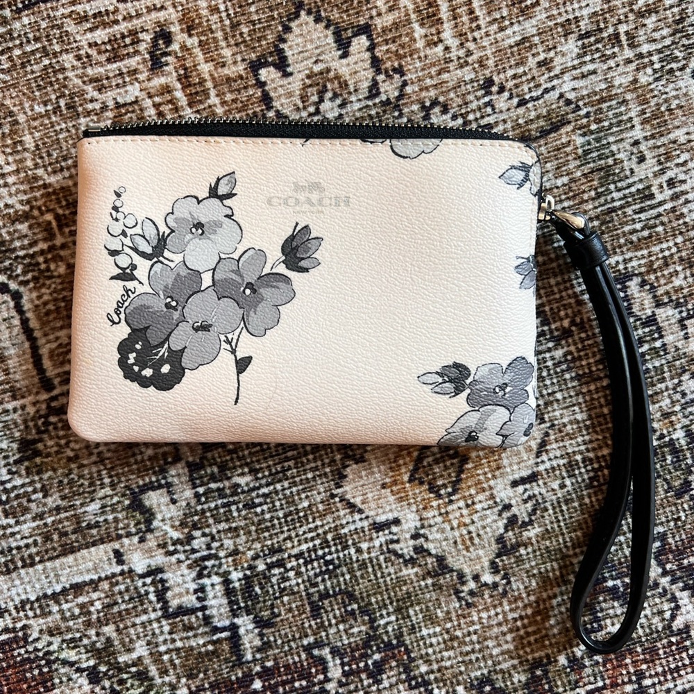 Coach Black and Cream Floral Wristlet